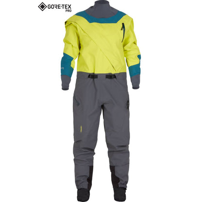The NRS Nomad GORE-TEX Pro Semi-Dry Suit for women features a yellow and gray design with teal accents, a diagonal front zipper, and exceptional waterproof performance.