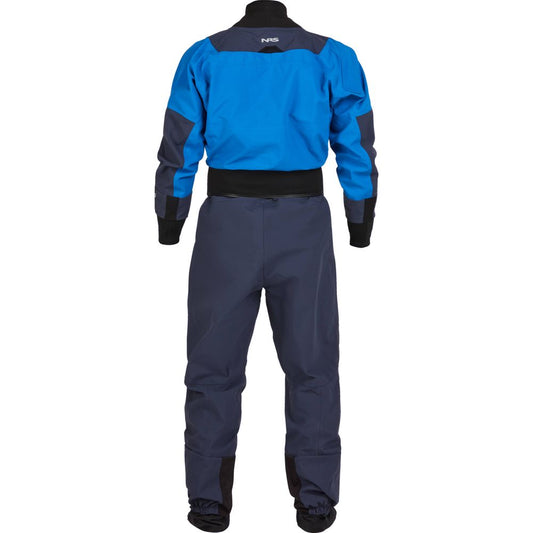 Back view of the NRS Axiom (GORE-TEX Pro) Drysuit in blue and black, showcasing reinforced elbows and knees for durability. Waterproof, windproof, and breathable with recycled nylon fabric for eco-friendly performance in tough conditions.
