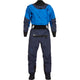 The NRS Axiom (GORE-TEX Pro) Men's Drysuit, in blue and dark gray, features recycled nylon fabric on a plain white background, highlighting its waterproof, windproof, and breathable design.