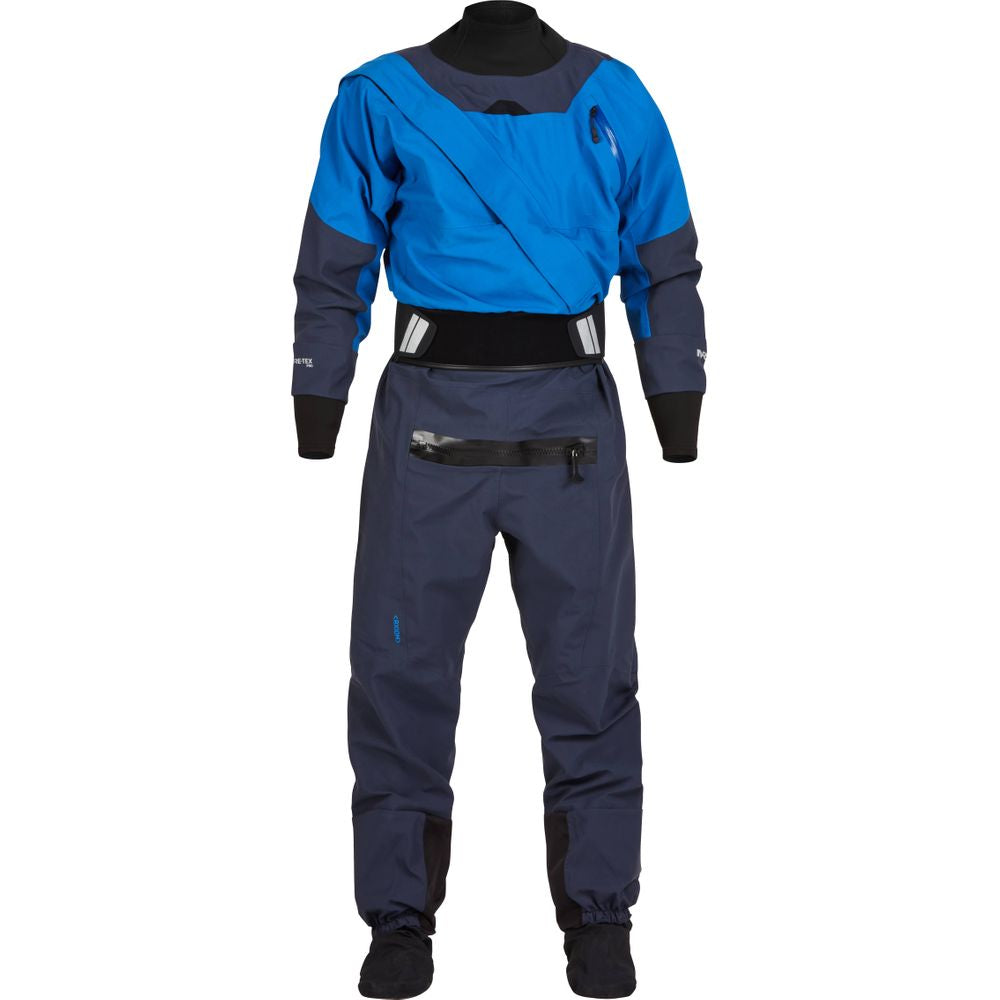The NRS Axiom (GORE-TEX Pro) Men's Drysuit, in blue and dark gray, features recycled nylon fabric on a plain white background, highlighting its waterproof, windproof, and breathable design.