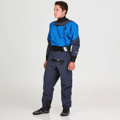 A person models the NRS Axiom (GORE-TEX Pro) Drysuit - Men's, set against a plain background, demonstrating its waterproof, windproof, and breathable properties.