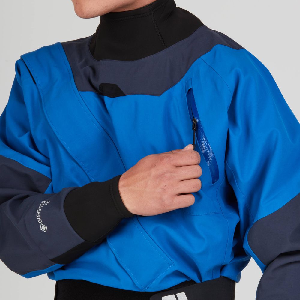 The person is wearing an NRS Axiom jacket made of recycled nylon with GORE-TEX Pro and unzipping a small chest pocket.