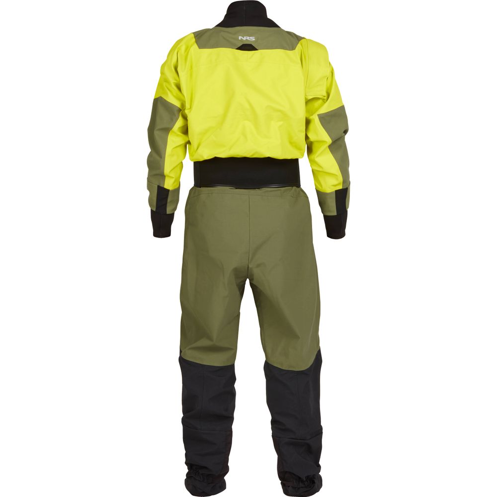 Back view of the NRS Axiom (GORE-TEX Pro) Men's Drysuit in yellow, green, and black offers excellent waterproof, windproof, and breathable performance for water activities.