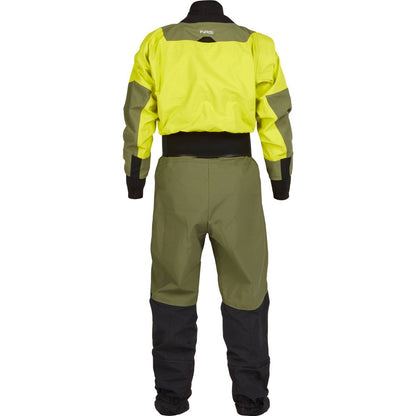 Back view of the NRS Axiom (GORE-TEX Pro) Men's Drysuit in yellow, green, and black offers excellent waterproof, windproof, and breathable performance for water activities.