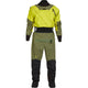 The NRS Axiom (GORE-TEX Pro) Men's Drysuit is a stylish two-tone yellow and olive green suit with black accents, featuring a diagonal chest zipper and front pocket. It's made from waterproof, windproof, breathable Gore-Tex Pro fabric.