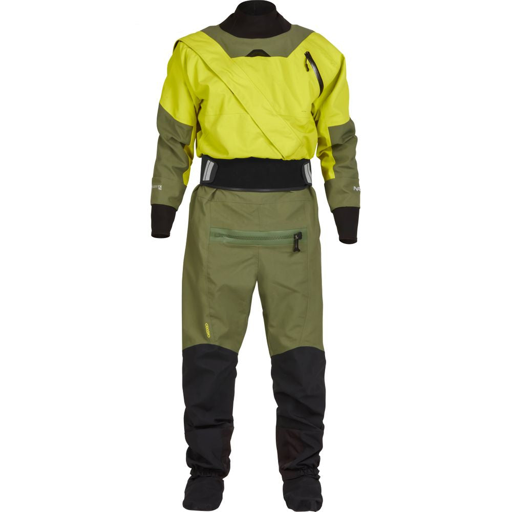 The NRS Axiom (GORE-TEX Pro) Men's Drysuit is a stylish two-tone yellow and olive green suit with black accents, featuring a diagonal chest zipper and front pocket. It's made from waterproof, windproof, breathable Gore-Tex Pro fabric.