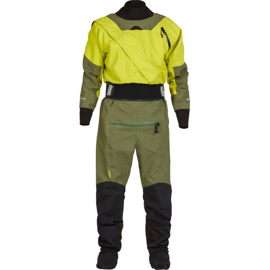 The NRS Axiom (GORE-TEX Pro) Men's Drysuit is a stylish two-tone yellow and olive green suit with black accents, featuring a diagonal chest zipper and front pocket. It's made from waterproof, windproof, breathable Gore-Tex Pro fabric.