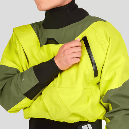 A person zipping a pocket on the NRS Axiom (GORE-TEX Pro) Drysuit, featuring recycled nylon fabric and black accents, highlights its waterproof, windproof, and breathable qualities.
