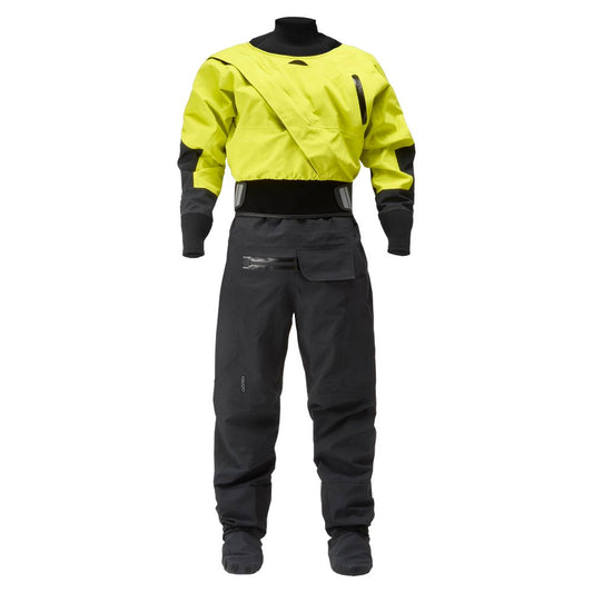 A yellow and black NRS Axiom (GORE-TEX Pro) Drysuit - Men's, featuring integrated socks, a high neck, and chest pocket, is displayed on an invisible mannequin against a white background.