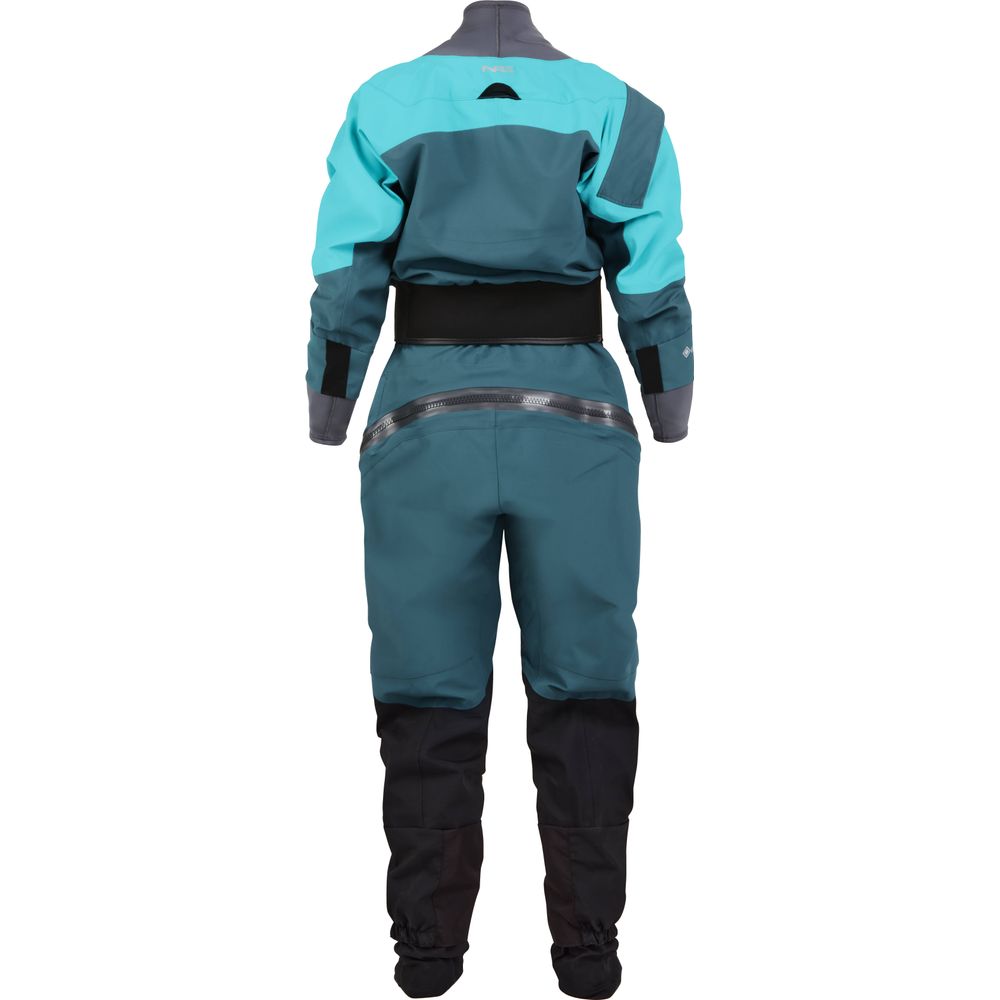 Back view of the teal and black NRS Axiom GORE-TEX Pro Drysuit for women, featuring reinforced seams, adjustable waist, and integrated booties. This waterproof, windproof, breathable suit is perfect for water sports enthusiasts seeking durability and comfort.