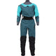 The NRS Axiom GORE-TEX Pro Drysuit for women is teal and black, featuring a diagonal front zipper and adjustable waist. It is waterproof, windproof, and breathable, perfect for outdoor water activities.