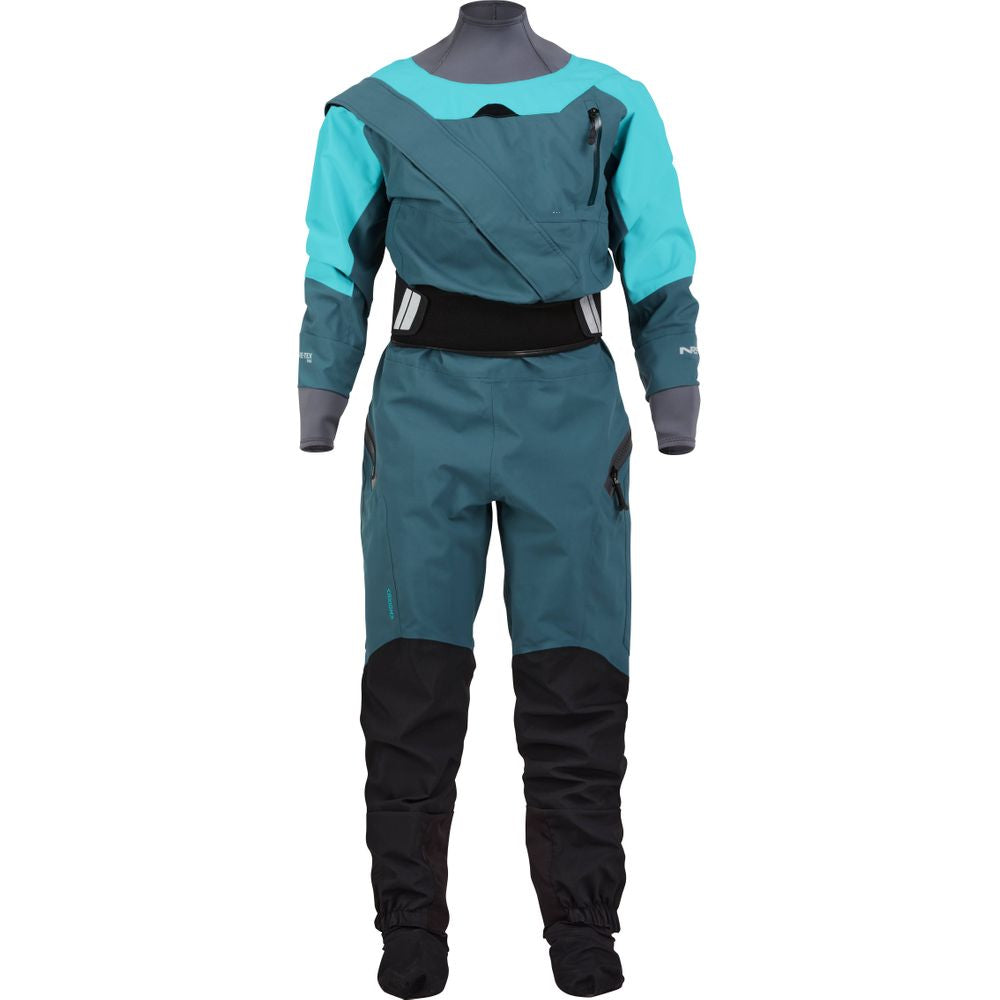 The NRS Axiom GORE-TEX Pro Drysuit for women is teal and black, featuring a diagonal front zipper and adjustable waist. It is waterproof, windproof, and breathable, perfect for outdoor water activities.