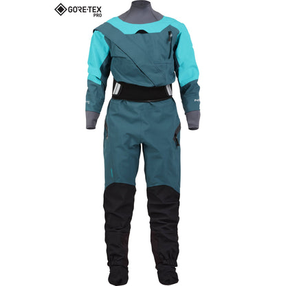 The NRS Axiom GORE-TEX Pro Drysuit - Women's is a blue and teal dry suit with black accents, latex wrist/neck seals, zippered chest pocket, and PFAS-free waterproof GORE-TEX Pro fabric.