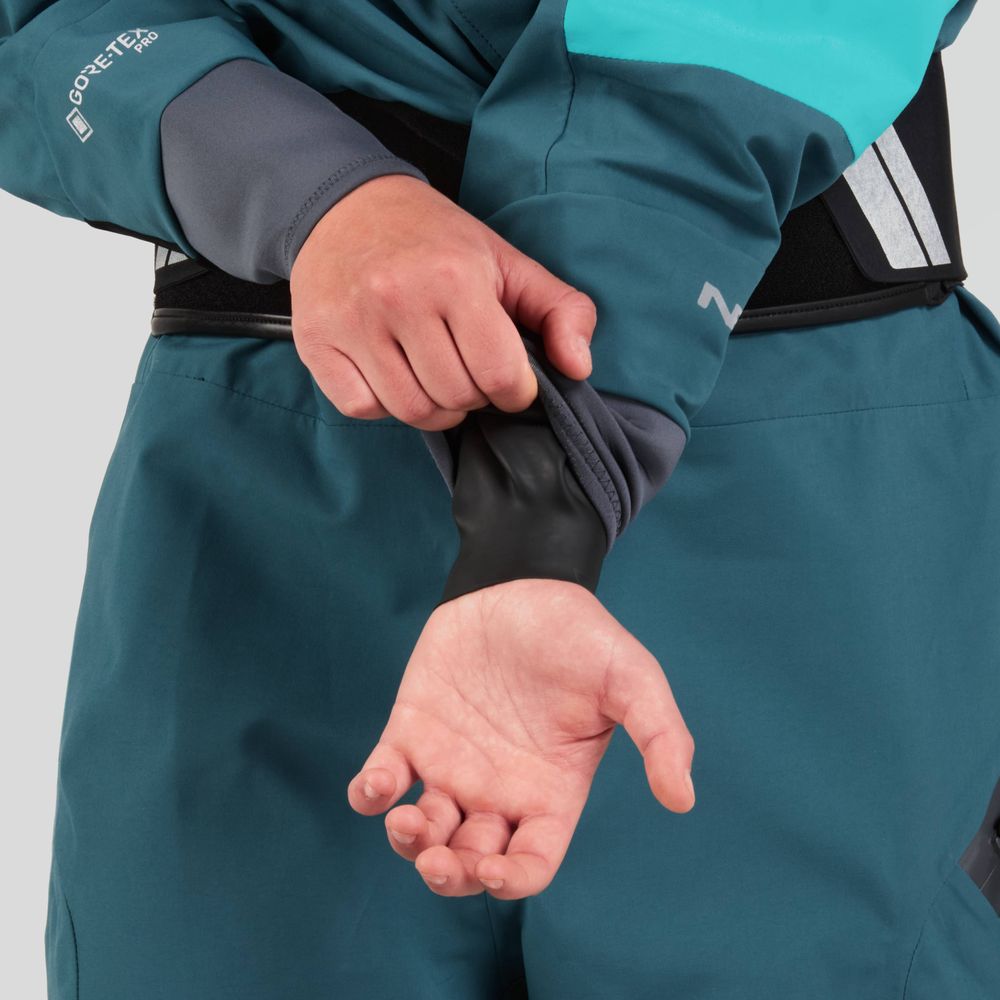 Adjusting the sleeve of the teal and gray NRS Axiom GORE-TEX Pro Drysuit, a hint of its black inner lining is revealed. This waterproof, windproof, and breathable suit ensures maximum protection against the elements.