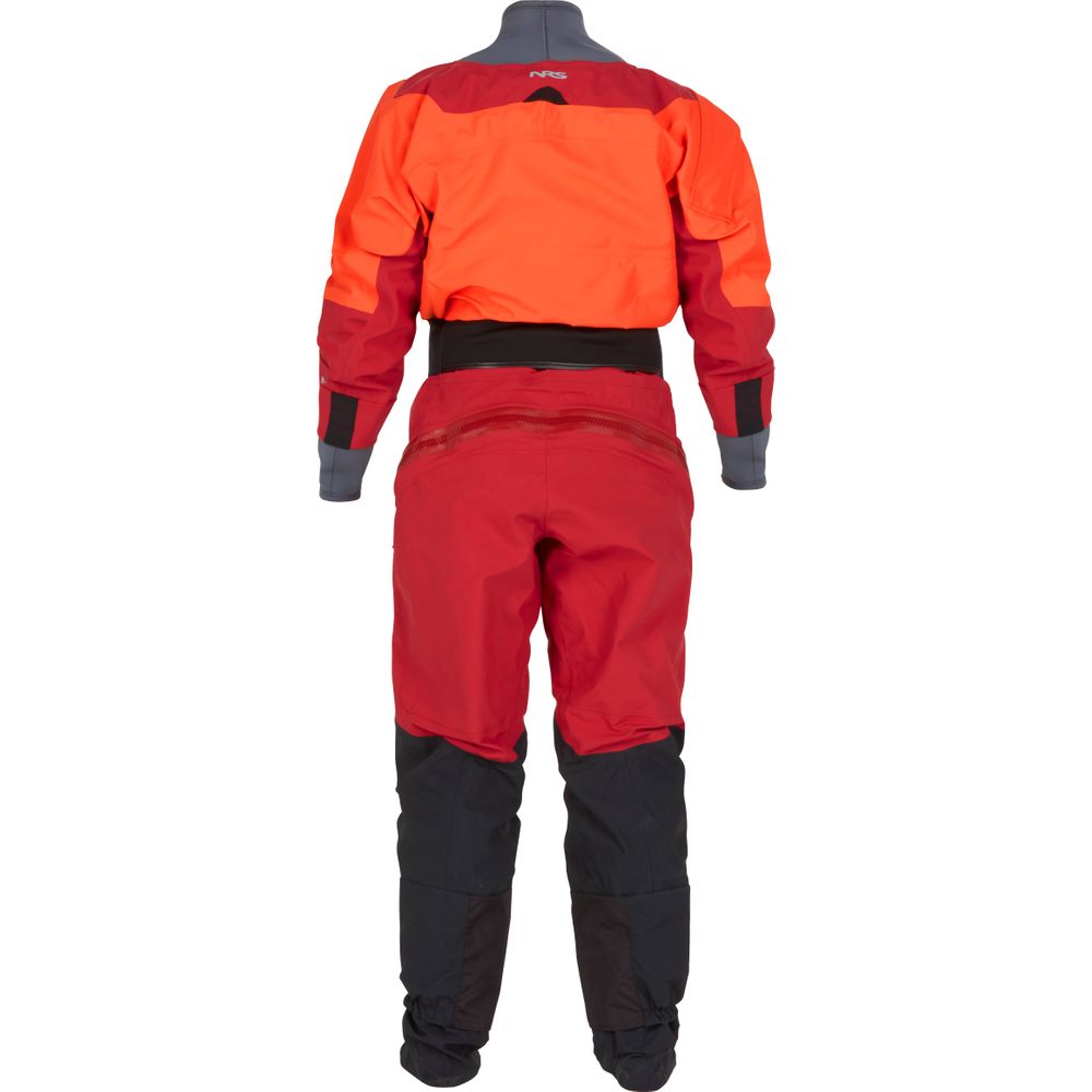 The NRS Axiom GORE-TEX Pro Drysuit for women is a red full-body suit with black and orange accents, offering waterproof, windproof, and breathable fabric. Displayed from the back, it ensures protection and style on every adventure.
