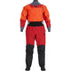 The NRS Axiom GORE-TEX Pro Drysuit for women combines vibrant red and orange hues with black accents and sealed cuffs. Designed to stand upright on its own, it's waterproof, windproof, and breathable, offering ultimate protection for aquatic adventures.