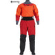 The NRS Axiom GORE-TEX Pro Drysuit - Women's, in red and orange with black and gray cuffs, collar, and ankle seals, is shown on a mannequin; the GORE-TEX PRO logo highlights its PFAS-free waterproof technology.