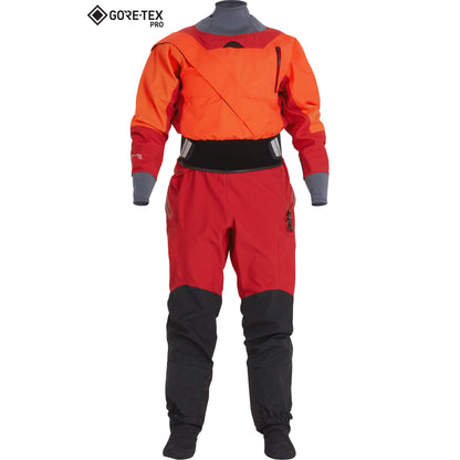 The NRS Axiom GORE-TEX Pro Drysuit - Women's, in red and orange with black and gray cuffs, collar, and ankle seals, is shown on a mannequin; the GORE-TEX PRO logo highlights its PFAS-free waterproof technology.