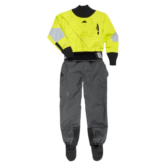 The NRS Axiom GORE-TEX Pro Drysuit for women features a bright yellow top with black cuffs, reflective strips, gray pants with attached booties, a PFAS-free membrane, and is shown against a white background.