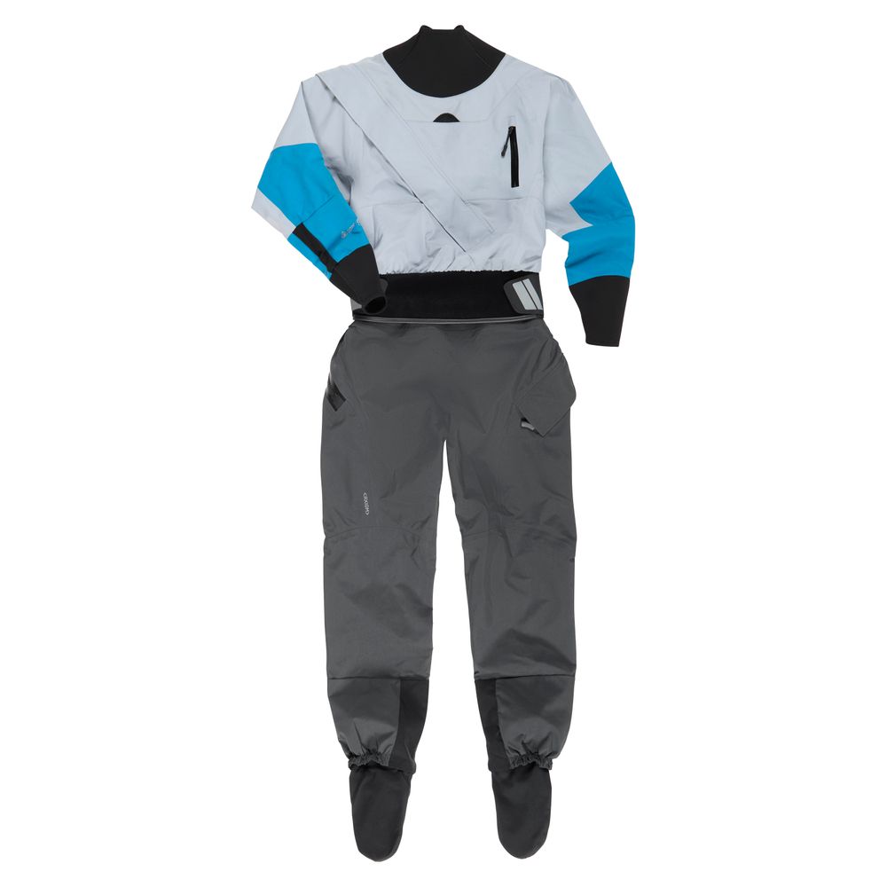 The NRS Axiom GORE-TEX Pro Drysuit - Women's features grey pants, a light grey and blue top, black collars and cuffs, attached booties, and a PFAS-free membrane—perfect for water sports.