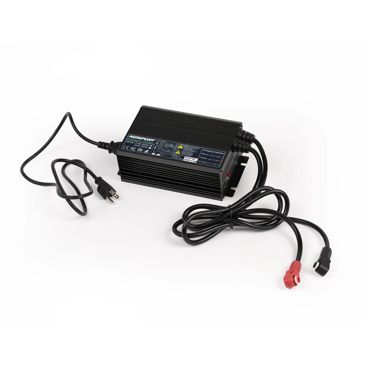 The Newport LoPro Battery Charger features smart multi-stage charging technology, sleek black design with attached power and output cables, set against a crisp white background.