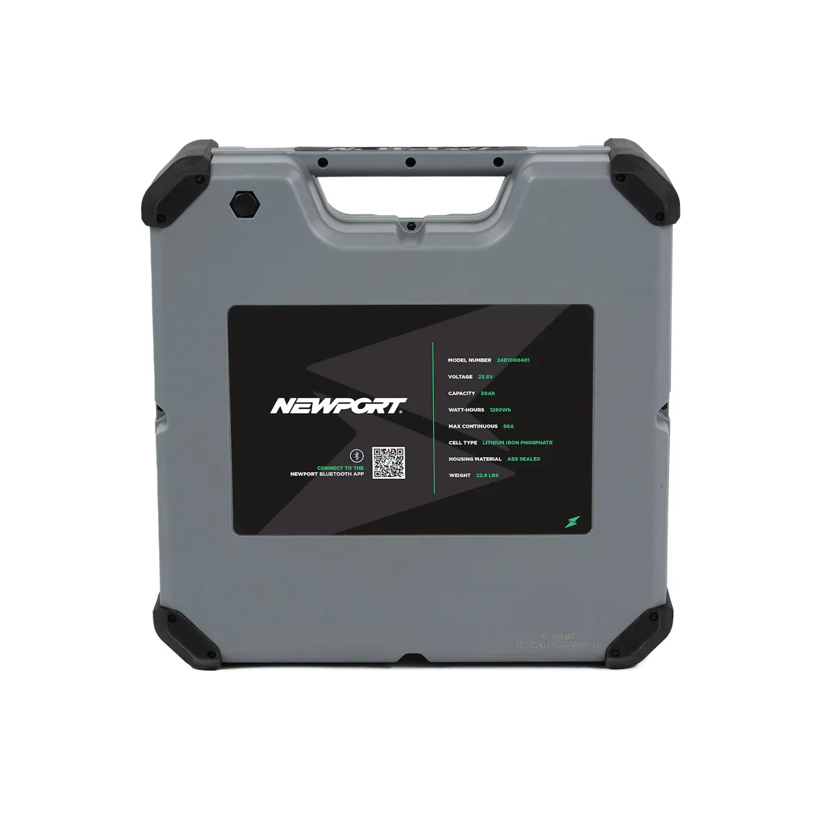 A LoPro Lithium Boat Battery by Newport, in gray, boasts a lightweight design with a black and green label, specifications, a QR code, and a top handle.