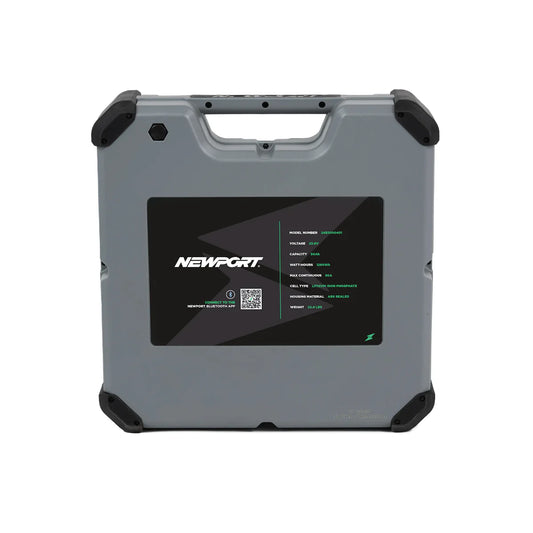 A LoPro Lithium Boat Battery by Newport, in gray, boasts a lightweight design with a black and green label, specifications, a QR code, and a top handle.