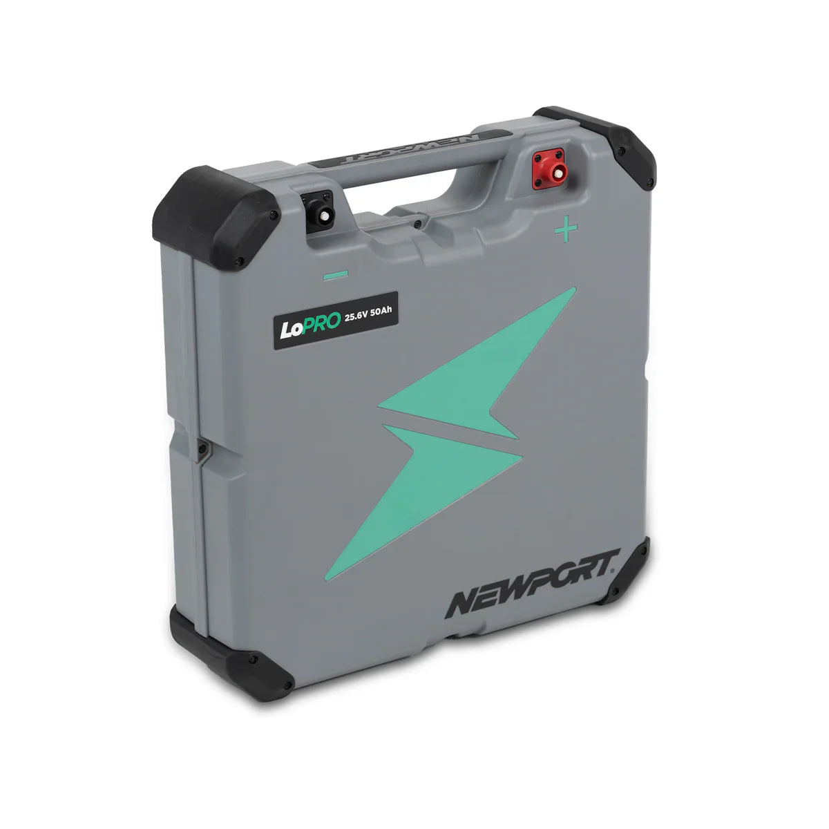 The LoPro Lithium Boat Battery by Newport is a gray portable pack with black corner protectors, featuring a turquoise lightning bolt logo and "LoPRO 12.8V 50Ah," ideal for lightweight marine use.