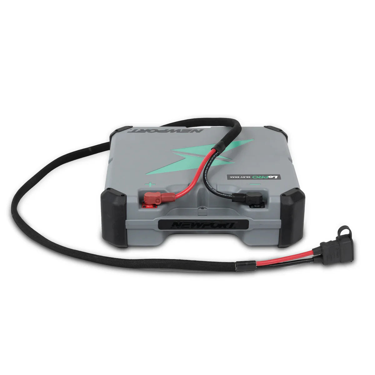 The Newport LoPro Lithium Boat Battery is a lightweight, rectangular, gray portable battery with a star logo, carrying strap, and two cables featuring red and black connectors.