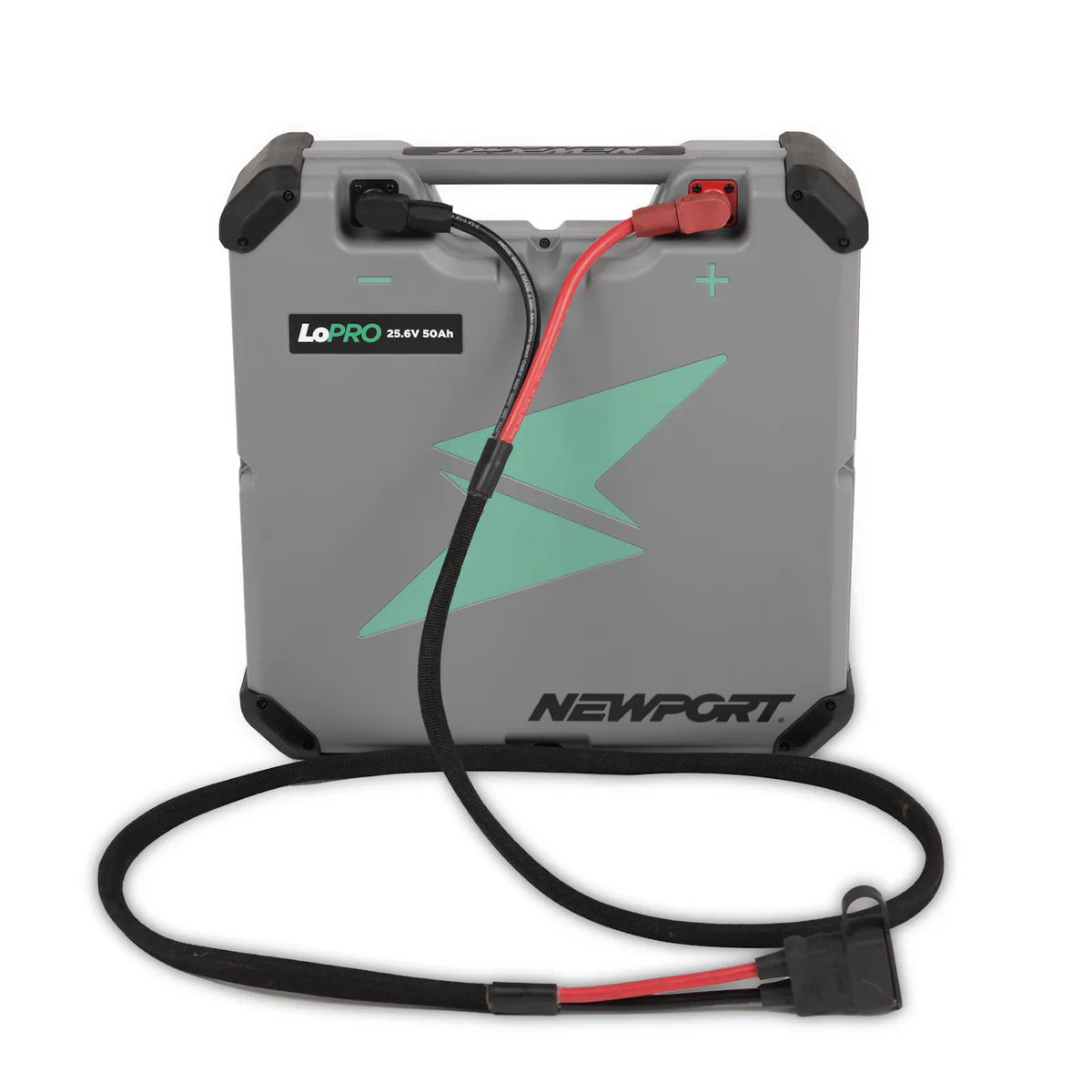The Newport LoPro 25.6V 50Ah lithium boat battery is lightweight and portable, featuring a convenient carrying handle, a green lightning bolt design, and attached black and red cables for seamless energy solutions on the go.