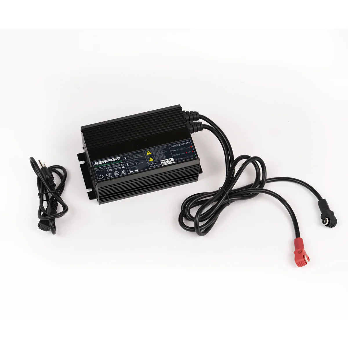 The Newport LoPro Battery Charger, a black power adapter with cooling fins, multiple cables, and a red connector on a white surface, is compatible with Newport LoPRO Lithium Batteries and features smart multi-stage charging for efficient and safe operation.