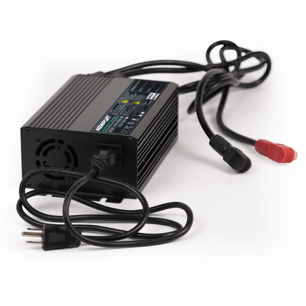 The Newport LoPro Battery Charger is designed for LoPRO Lithium Batteries and includes a cooling fan, multiple cables, indicator lights, and smart multi-stage charging on a white background for optimal performance.