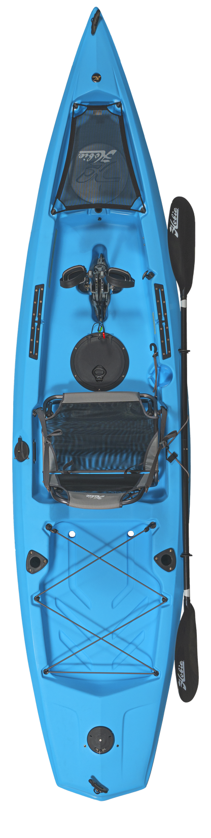 A blue Mirage Compass 12 kayak with a paddle and MD180 Kickup Pedal Drive by Hobie.
