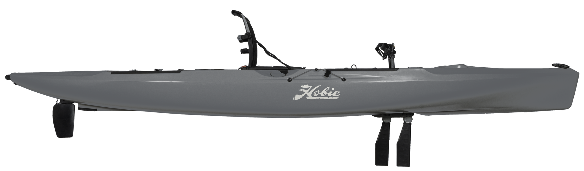 The Hobie Mirage Outback 12'9 kayak in gray boasts foot pedals and a rudder for easy hands-free navigation, along with a fishing rod holder on the side.