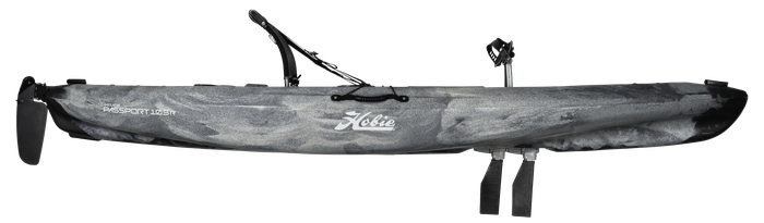 A black and grey Hobie kayak with a handle on it, offering stability and performance named Passport 10.5R & 12R.