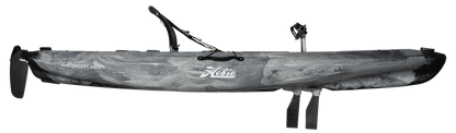 A black and grey Hobie kayak with a handle on it, offering stability and performance named Passport 10.5R & 12R.