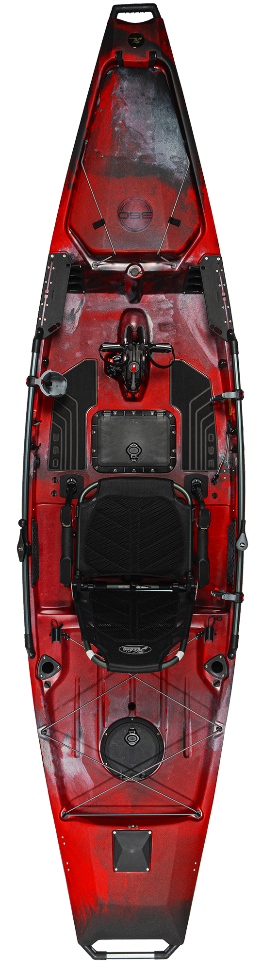 The rear view of a red Hobie Pro Angler 360 XR - 14ft kayak equipped with Turbo Kick-Up Fins.