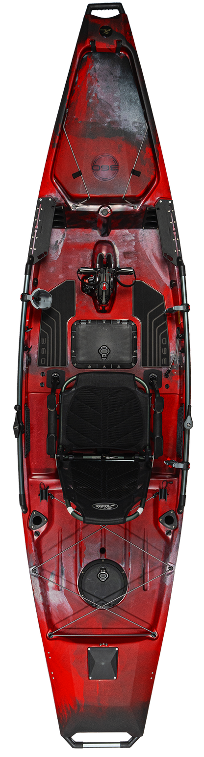 The rear view of a red Hobie Pro Angler 360 XR - 14ft kayak equipped with Turbo Kick-Up Fins.