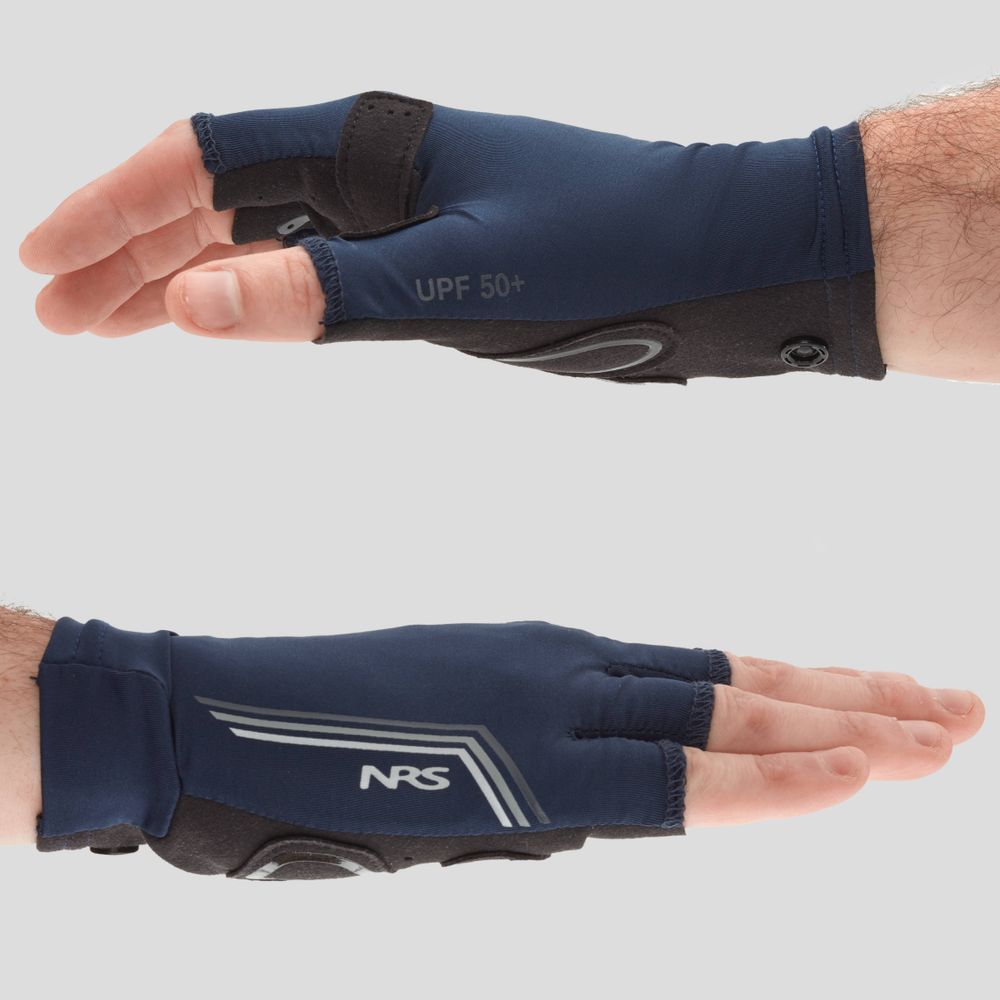 Two hands display the NRS Men's Boater's Gloves, dark blue and fingerless with UPF 50+ protection. The top hand is palm-up and the bottom palm-down, highlighting brand logos and intricate design details, perfect for warm-weather boating enthusiasts seeking optimal hand protection.