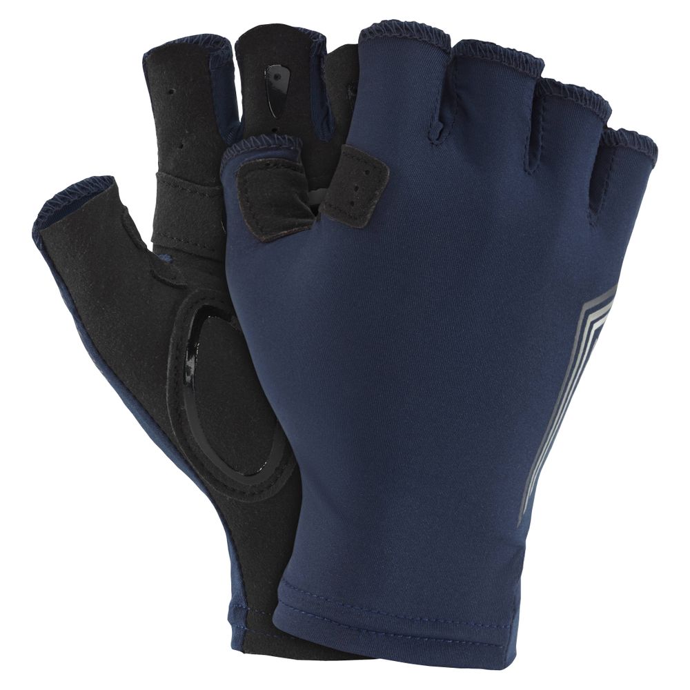 NRS Men's Boater's Gloves are navy blue fingerless gloves featuring black palm padding and a geometric back design, providing excellent hand protection. Ideal for warm-weather cycling and boating, these versatile gloves ensure comfort and grip on land and water.