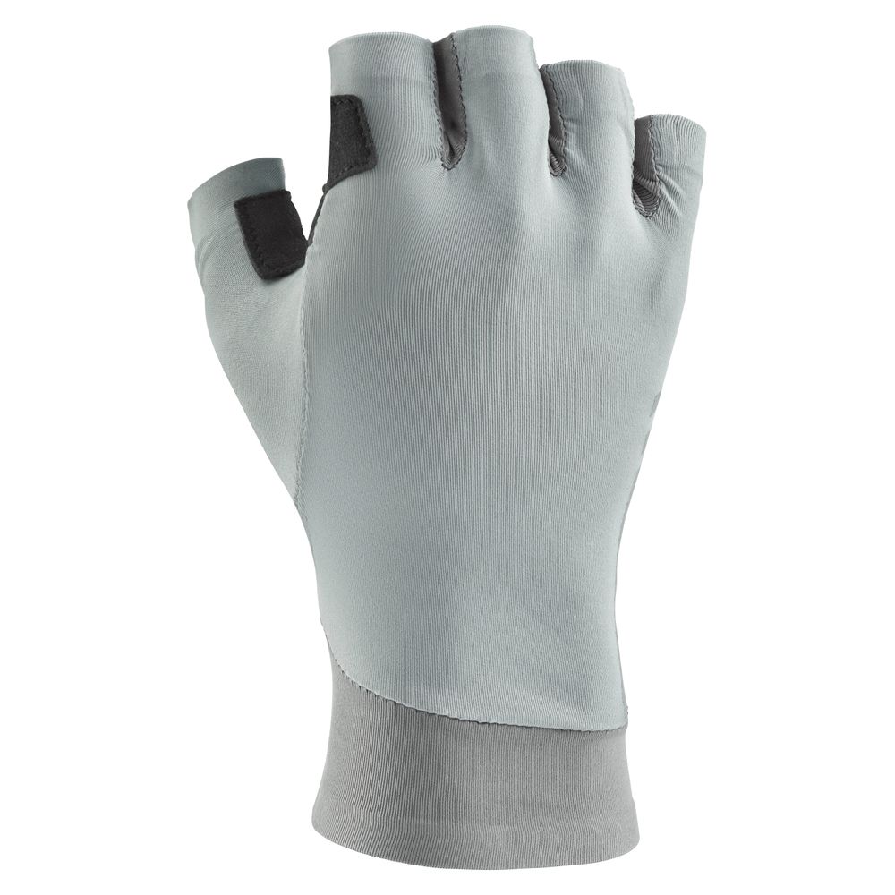 A light gray NRS Men's Boater's Glove made with Amara synthetic leather, featuring black thumb and index finger grips, is shown on a hand with the palm facing away.