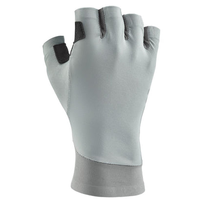A light gray NRS Men's Boater's Glove made with Amara synthetic leather, featuring black thumb and index finger grips, is shown on a hand with the palm facing away.