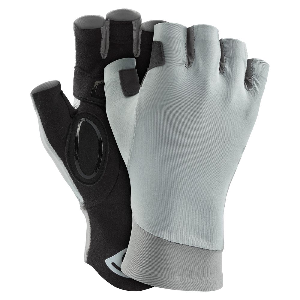 The NRS Men's Boater's Gloves are shown with one glove palm-up and the other palm-down, featuring gray fabric on top and durable Amara synthetic leather with grip padding on the palms.