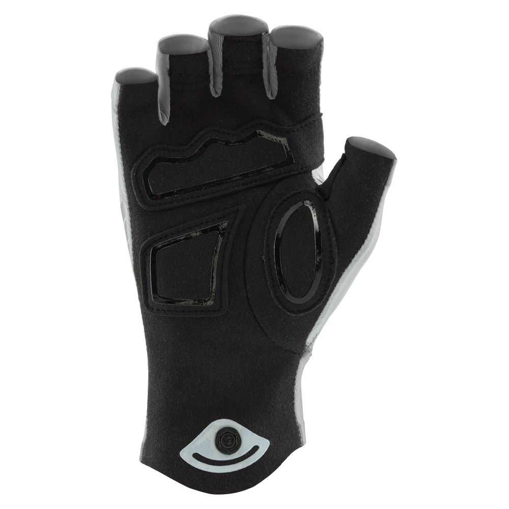 The NRS Men's Boater's Gloves are black, fingerless paddling gloves made from Amara synthetic leather with padded, grippy palms. Shown on a white background, they're perfect for water sports and offer durability and comfort.