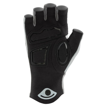 The NRS Men's Boater's Gloves are black, fingerless paddling gloves made from Amara synthetic leather with padded, grippy palms. Shown on a white background, they're perfect for water sports and offer durability and comfort.