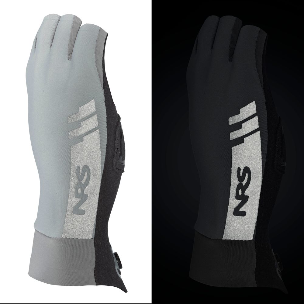 The image displays a single NRS Men’s Boater’s Glove under two lighting conditions—bright on the left, dim on the right—with visible branding and crafted from durable Amara synthetic leather.