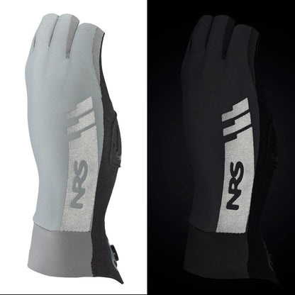 The image displays a single NRS Men’s Boater’s Glove under two lighting conditions—bright on the left, dim on the right—with visible branding and crafted from durable Amara synthetic leather.