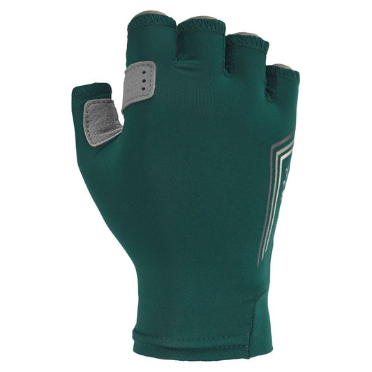 The Boater's Gloves - Women's by NRS are green fingerless cycling gloves with thumb padding and a subtle graphic design, offering sun protection. Ideal for boating enthusiasts, they ensure excellent finger dexterity for easy equipment handling.