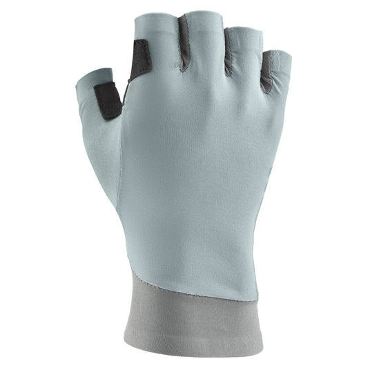 The NRS Boater's Gloves - Women's are light gray, fingerless gloves with black patches on the thumb and index finger for sun protection, shown on a hand against a white background.