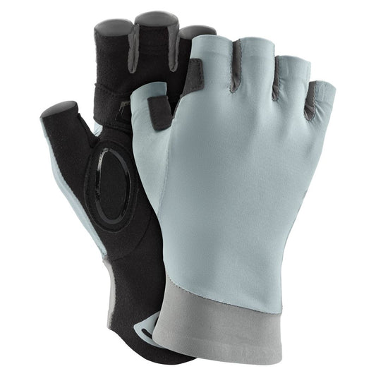 The NRS Boater's Gloves - Women's in light gray and black feature a fingerless design, shown with one palm up and one palm down, delivering stylish sun protection for your hands.